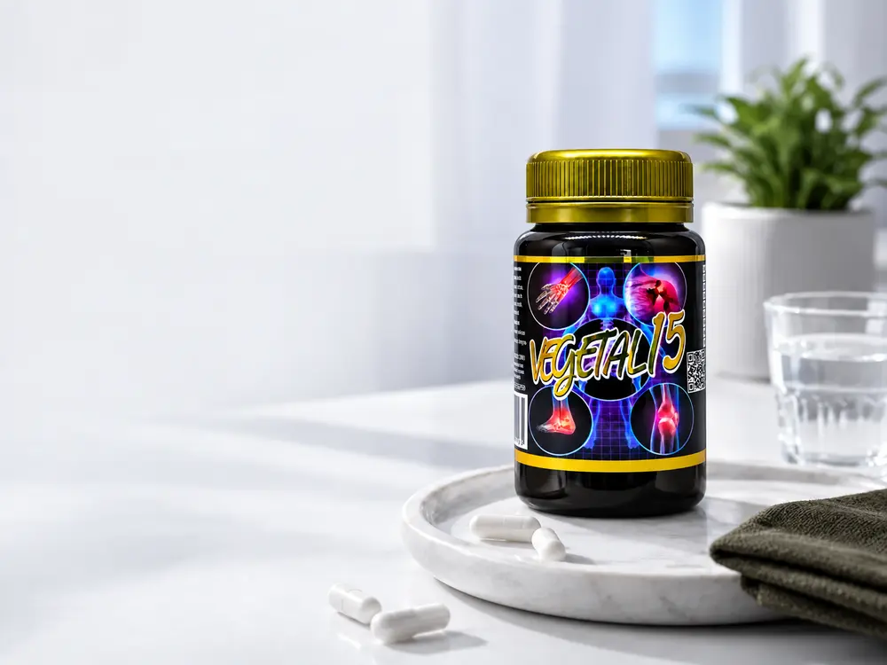Frasco do Vegetal 15 com cápsulas e copo d&rsquo;água